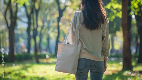 A fashionable woman standing in a park, wearing casual clothes and a blank tote bag over her shoulder, with the background slightly blurred to focus on the bag.