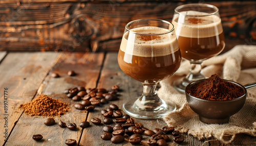 Coffee and cream liqueur, coffee beans roasted and ground coffee on the old wooden background