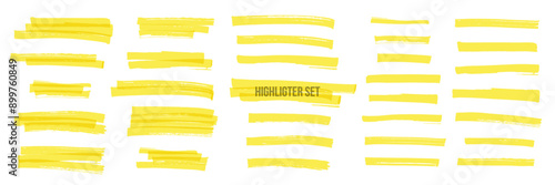 Yellow highlight marker stripes isolated on white background. Transparent marker pen lines hand drawn set. Vector graphic stylish design elements.