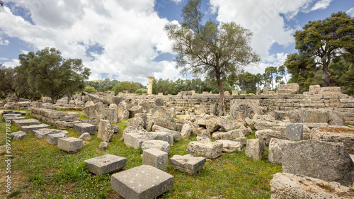 Olympia archaeological site with ancient ruins and columns, Greece