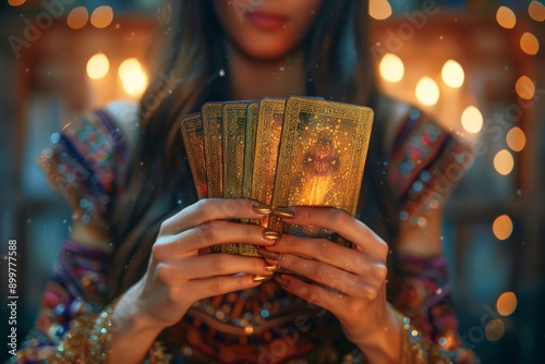 A mystical scene of a woman holding a fan of tarot cards, surrounded by warm candlelight, evoking a sense of mystery and spirituality.