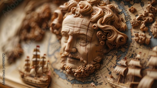 Carved Wooden Man Face Over Antique Map