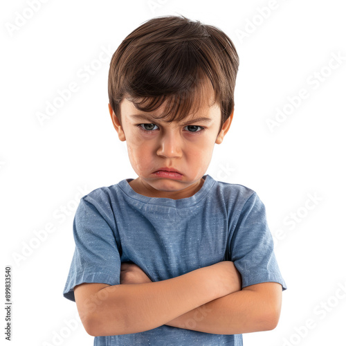 A frustrated little boy with his arms crossed and a deep frown, standing against a white backdrop.