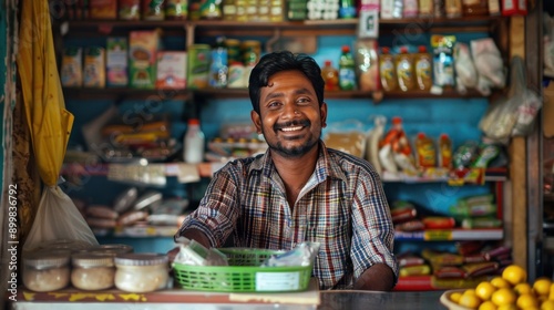 Portrait of Indian male small Kirana or grocery shop owner sitting at cash counter, looking happily at camera