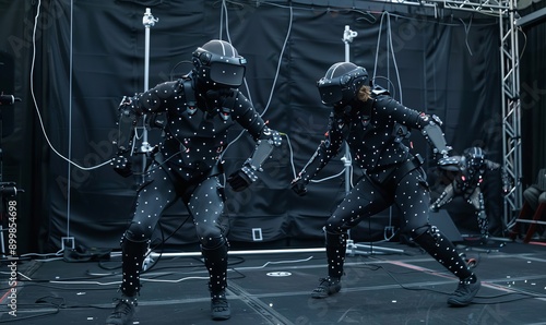 Dual actors in mocap suits, synchronized performance capture, cutting-edge tech