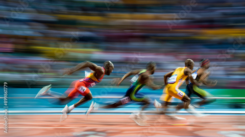 Athletes competing in a 100-meter sprint race at the Olympics, captured mid-action