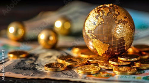 A globe made of gold sits atop currency notes and scattered coins, symbolizing wealth and global finance.