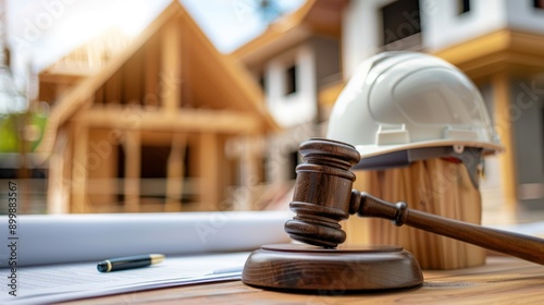 Close-up of Judge's gavel on building blueprint plans with a safety helmet and building model on the table with a house in the background, Labor and Construction law concept.