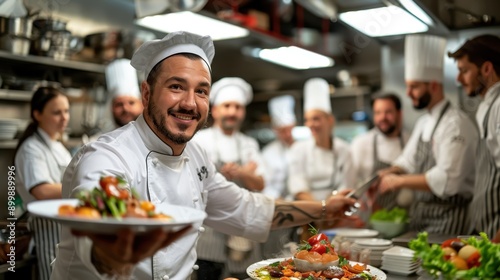 Culinary Innovation Unveiled: Chef Presenting New Dish to Kitchen Staff in a Surreal, Bustling Kitchen Setting - Copy Space Available