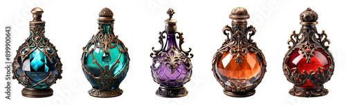 Set of witch's magic potion bottles.