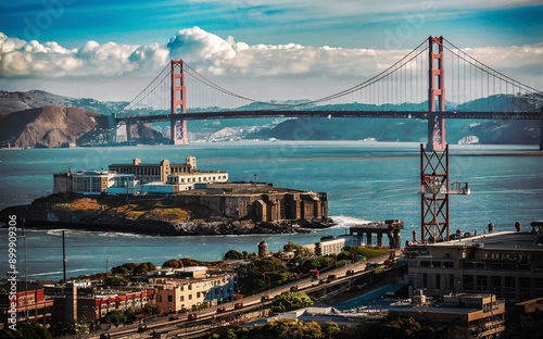 San Francisco Golden Gate Bridge with Alcatraz Island and cable cars