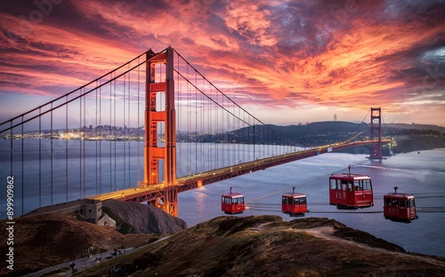 San Francisco Golden Gate Bridge with Alcatraz Island and cable cars