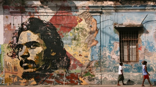 Havana, Cuba, March 13, 2009. A mural with the image of Che, on a wall of an old building in poor condition. At the end of the street there are two women.