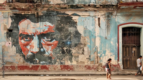 Havana, Cuba, March 13, 2009. A mural with the image of Che, on a wall of an old building in poor condition. At the end of the street there are two women.