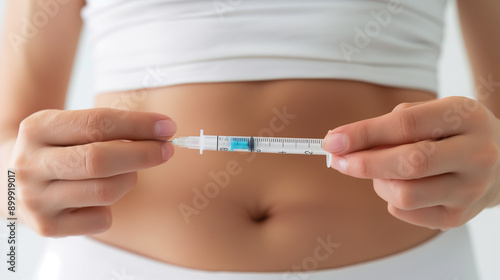 A woman with a slightly overweight build is focused on applying a Semaglutide weight loss syringe into her abdomen.