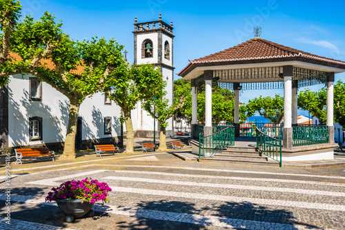 Beautiful church on main square of Mosteiros town, Sao Miguel island, Azores, Portugal