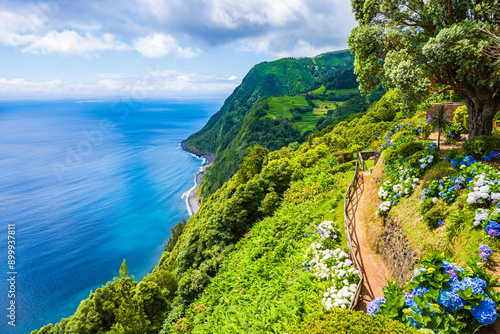 Coastal path with flowers along ocean in Ponta do Sossego tropical gardens, Sao Miguel island, Azores, Portugal