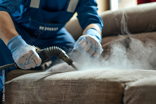 Vacuuming a couch with a vacuum cleaner by a person wearing gloves.