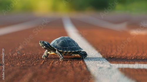 A motivational image depicting a determined turtle at the starting line of a race track, symbolizing the themes of perseverance, ambition, and steady progress.