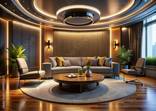 Luxurious modern living room transformed into sleek talk show studio with plush couch, oval coffee table, and futuristic AI-powered recording equipment in warm ambient lighting.