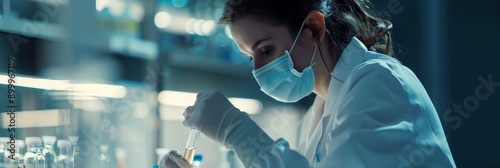 Scientist examining virus model in a laboratory. Focus on infectious disease and virology research.