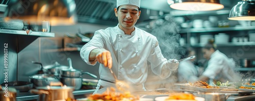 Chef preparing a lot of meals in a restaurant kitchen