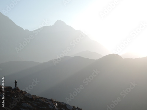 Aerial panorama of the Himalayas during a paragliding flight from Bir Billing to Dharamsala, Himachal Pradesh, India. Stunning mountain views in the heart of the Himalayas.