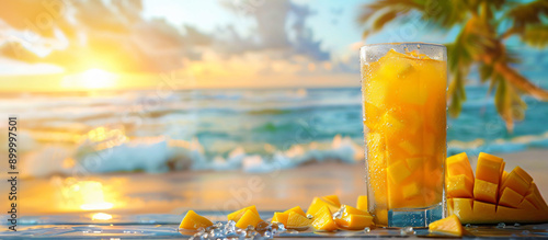 mango juice summer holiday concept on the beach