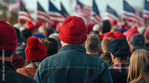 The US election race. Political news about USA presidential candidates. Patriotic crowd at the street, blurred USA flags background