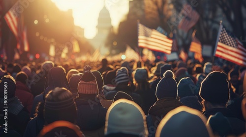 Patriotic crowd at the street, blurred USA flags background