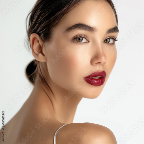 Close-up portrait of a woman with bold red lipstick and flawless skin. Beauty and fashion concept. Glamorous female model with perfect makeup. Confident and alluring expression.