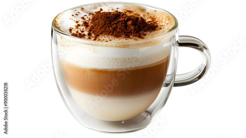 Foamy coffee cappuccino with wiped milk and coco powder on top, in double glass mug isolated on white background.