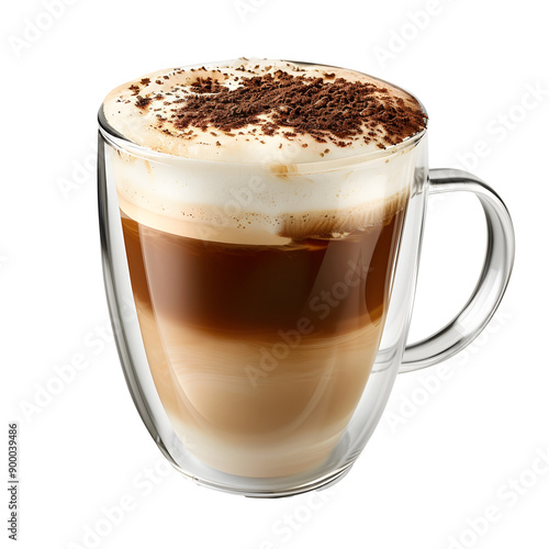 Foamy coffee cappuccino with wiped milk and coco powder on top, in double glass mug isolated on white background.