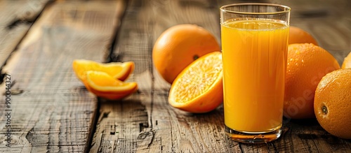 Freshly squeezed orange juice in a glass with oranges on wooden surface Reflects a healthy lifestyle allowing room for text with a copy space image