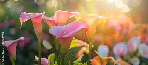 Calla Lilies or Arum Lilies beautify a spring garden with the soft morning light creating an ideal copy space image