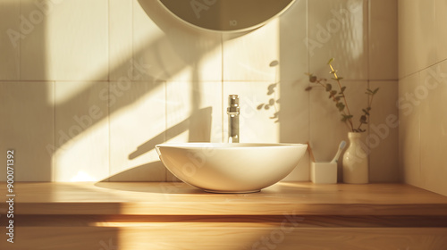 Modern wood vanity counter top and wall tiles with ceramic wash basin and minimal style faucet in bathroom in warm morning sunlight