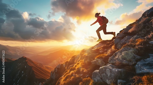 A woman hikes up a mountain trail at sunset.