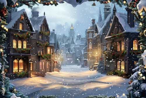 Snow-covered victorian style rooftops, warm glowing windows, and festive decorations. Surrounded by a frame