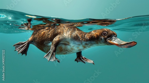 A charming platypus swimming gracefully beneath the surface of crystal-clear water, showcasing its unique features.