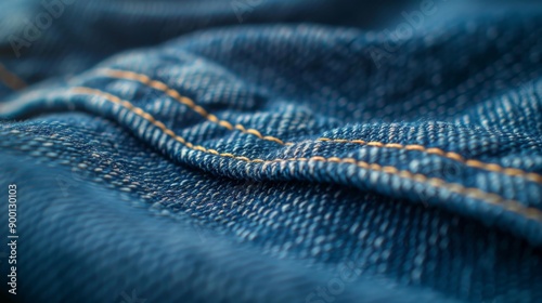 Denim Fabric Close-Up : A detailed close-up of blue denim fabric with visible stitching and texture