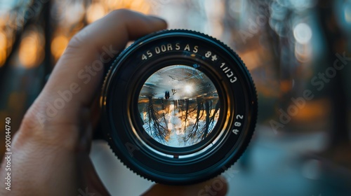 Close up Shot of a Camera lens focused on a picturesque sunset scene.