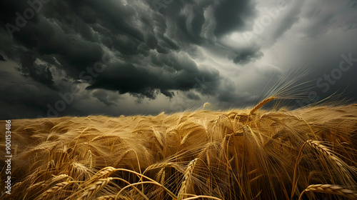 Golden barley fields swaying under a stormy sky dramatic lighting Crops the unpredictability of nature