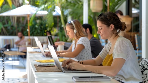 Diverse Digital Nomads Embracing Productivity in Tropical Co-Working Paradise