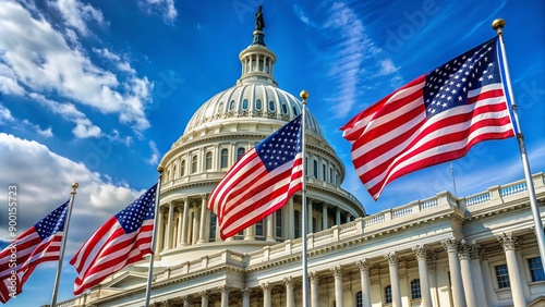 American flags waving above the Capitol Building's neoclassical architecture in Washington D.C., symbolizing democracy and freedom in the United States government.