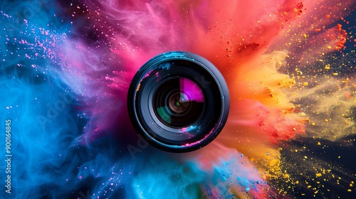 Camera lens with vibrant, colorful powder explosion