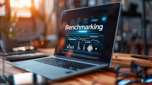 Business professionals analyzing market performance data on a digital dashboard, focusing on benchmarking and competitive analytics for strategic decision-making.