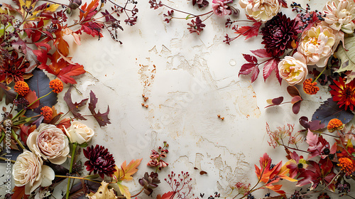 Autumn composition made of beautiful flowers on light backdrop. Floristic decoration. Natural floral background.