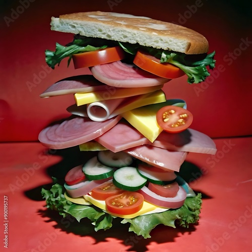 A sandwich with deli meats, cheese, and veggies flying apart