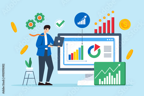 Profitability analysis, evaluating business, identifying cost-saving opportunities, profit margins optimization concept vector illustration. Analyst analyzing financial charts and graphs