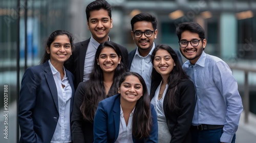 Group of Indian Professional Business Students Smiling Outside School Building